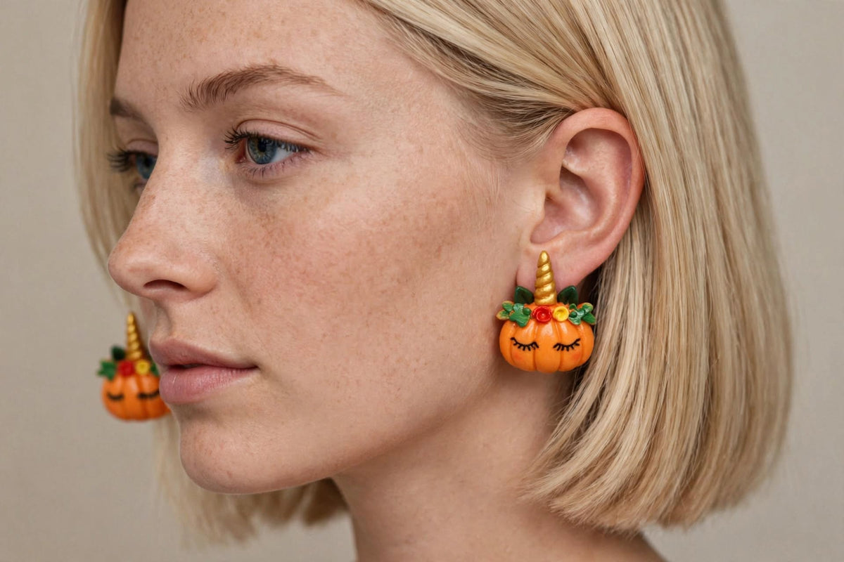 Floral Pumpkin Unicorn Clay Resin Earrings - Whimsical Stud Jewelry