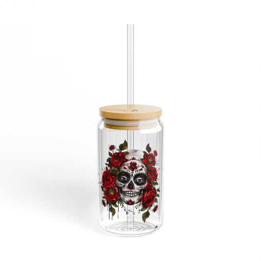 16oz Sugar Skull Glass Tumbler with Bamboo Lid and Straw – Day of the Dead Design