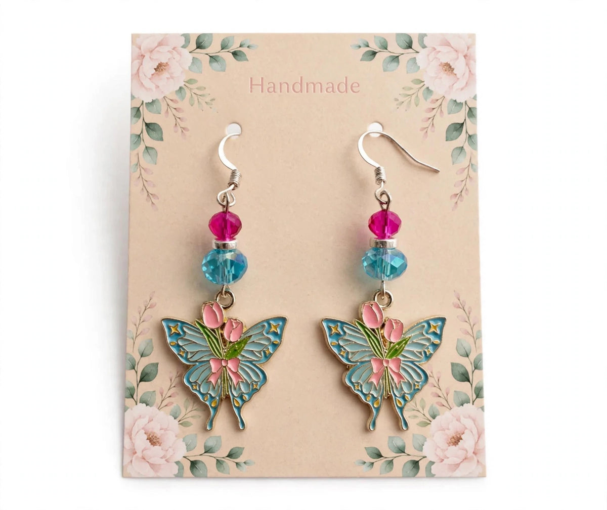 Pink Flowers Butterfly Enamel Earrings - Whimsical Dangle Jewelry