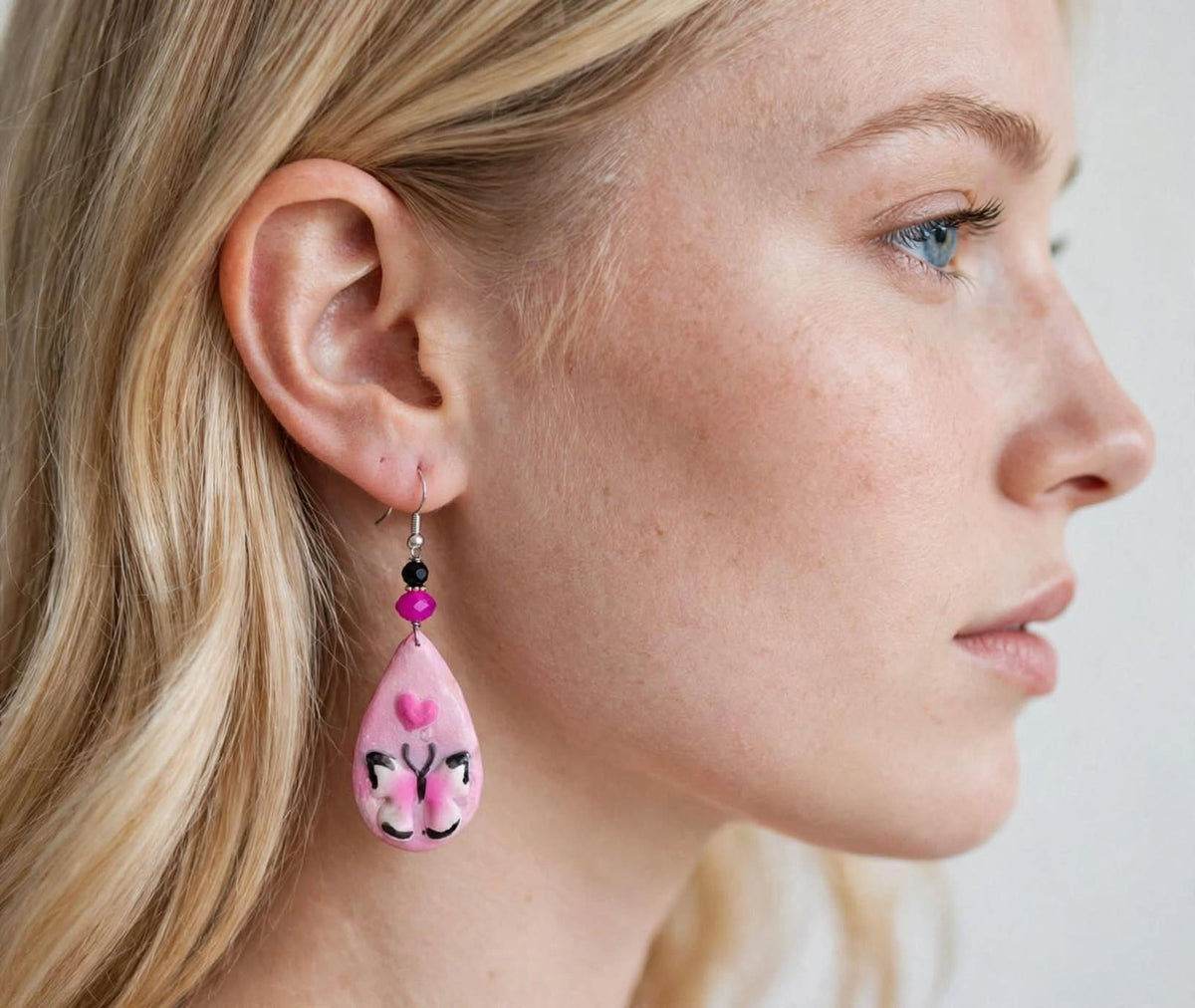 Pink Butterfly & Heart Teardrop Earrings - Romantic Clay & Resin Jewelry
