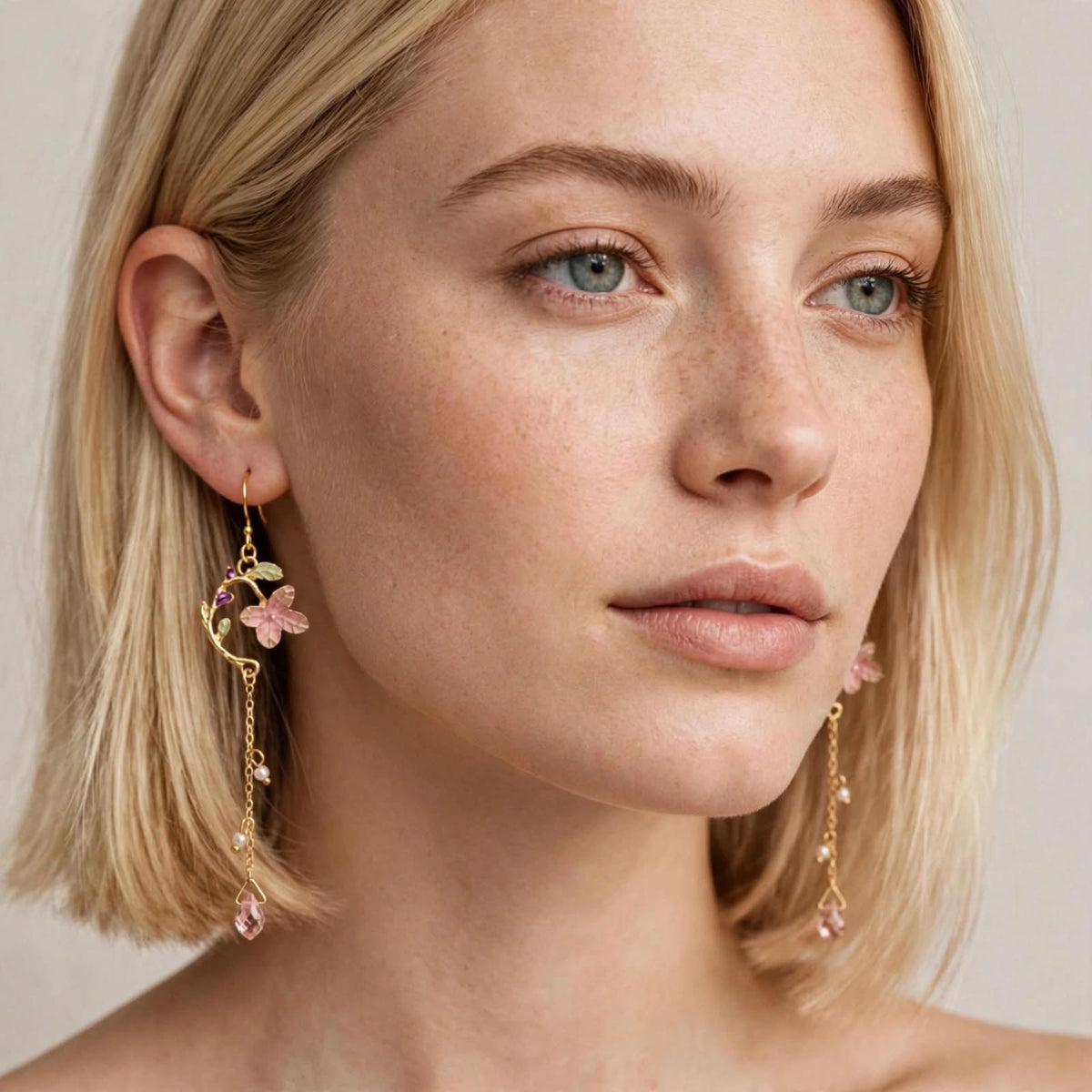 Floral Enamel Stud Dangle Earrings with Gold Chain and Glass Crystal Accents