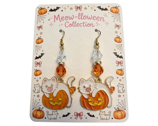 Halloween White Cat & Pumpkin Enamel Earrings - Festive Dangle Jewelry