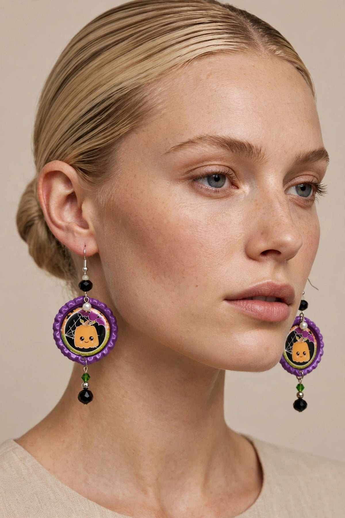 Halloween Cute Pumpkin & Bat Bottlecap Earrings - Adorable Dangle Jewelry