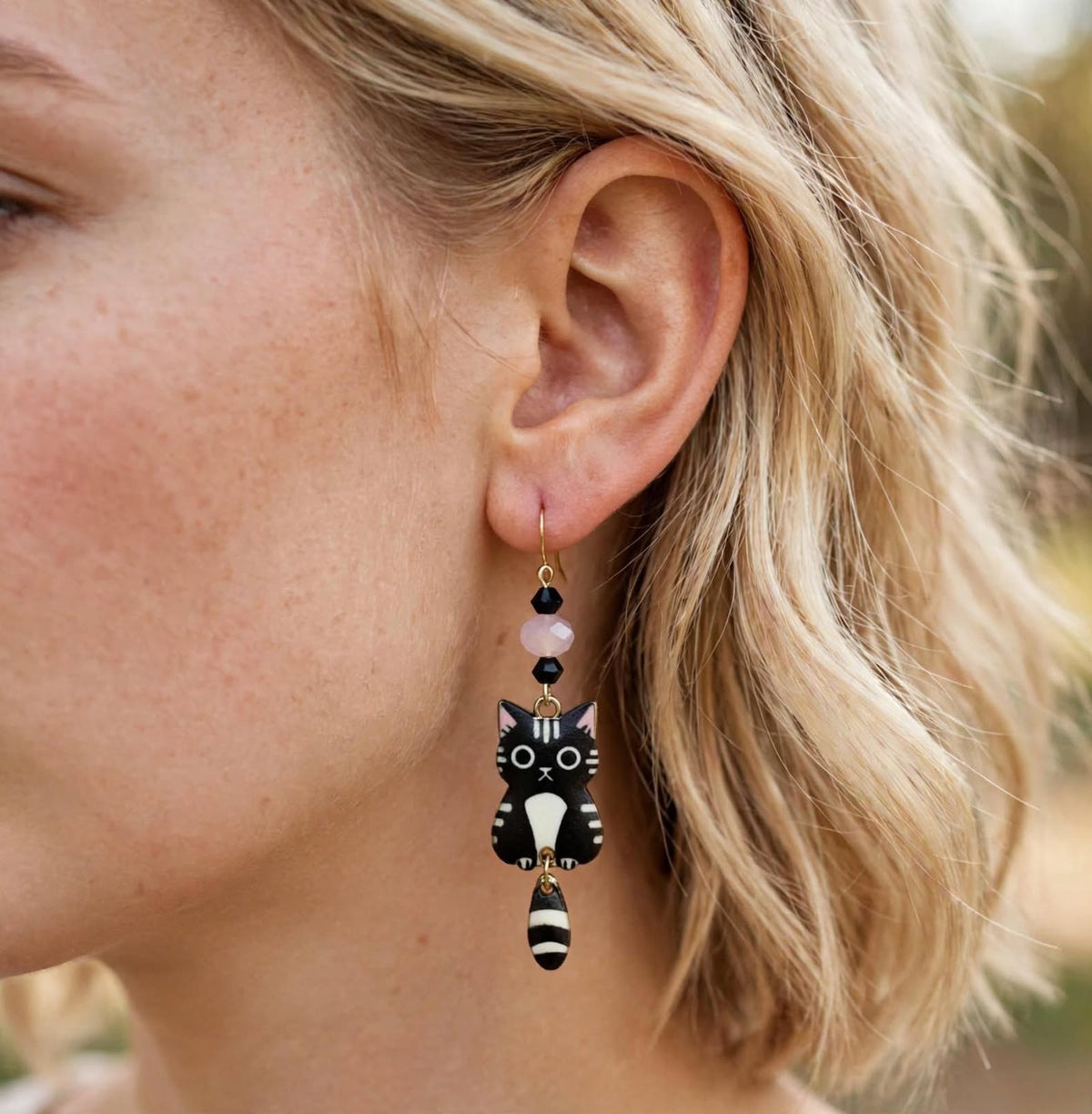 Swinging Cutie Kitty - Wide-eyed Black Cat Enamel Earrings - Dangle Jewelry
