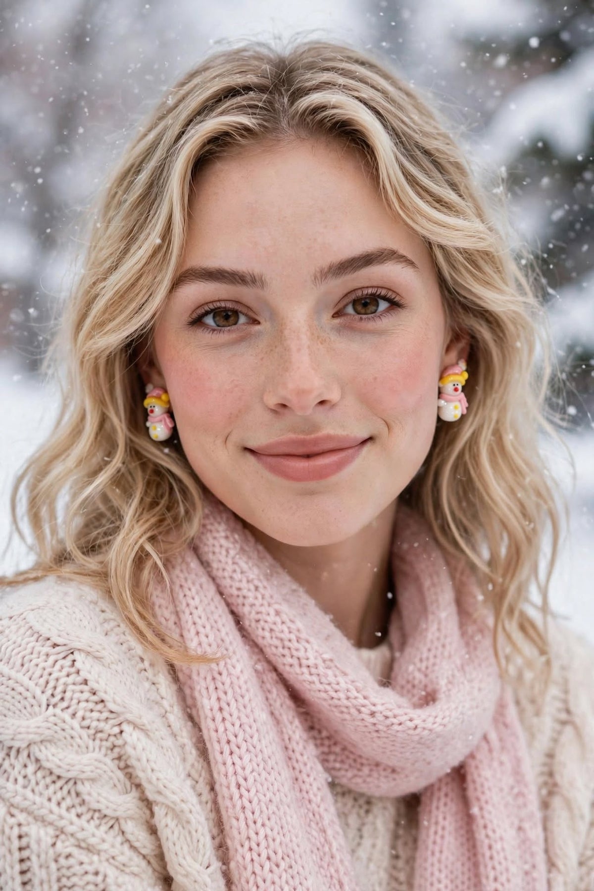 Frosty Pink Snowman Clay & Resin Stud Earrings - Pastel Holiday Jewelry