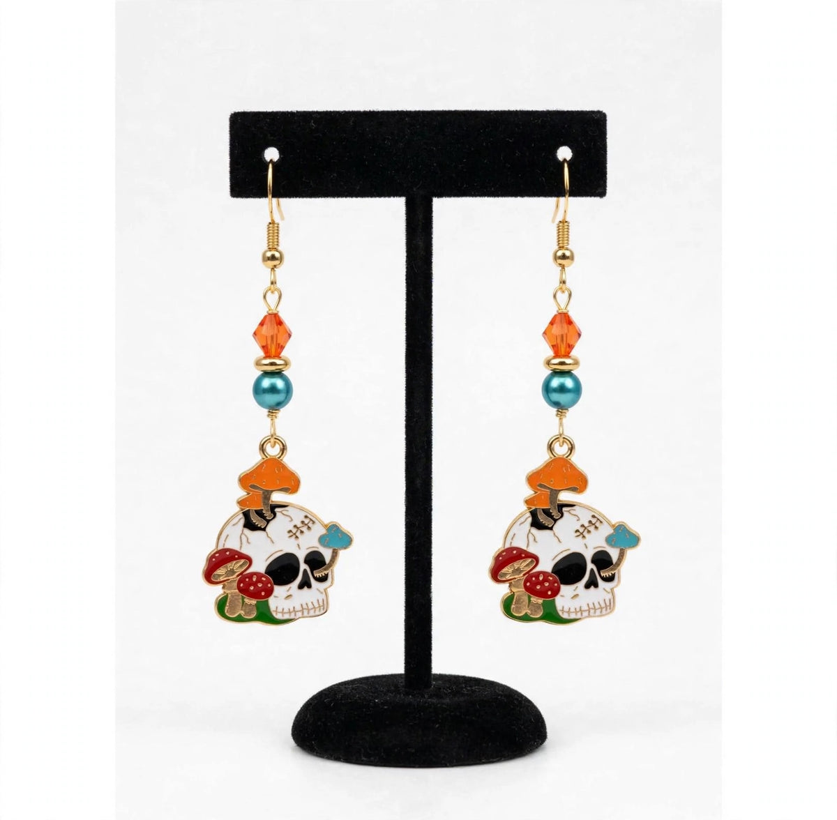 Mushroom Skull Enamel Earrings - Whimsical Dark Dangle Jewelry