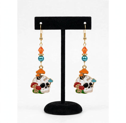 Mushroom Skull Enamel Earrings - Whimsical Dark Dangle Jewelry