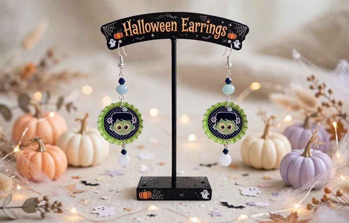 Super Kawaii Frankensteins Monster Bottlecap Earrings - Spooky Cute Dangle Jewelry
