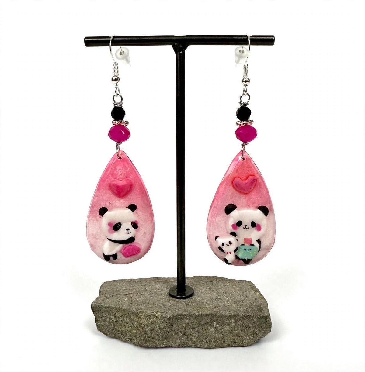 Handmade Panda Clay Resin Teardrop Earrings - Adorable Pink Heart and Leaf Design