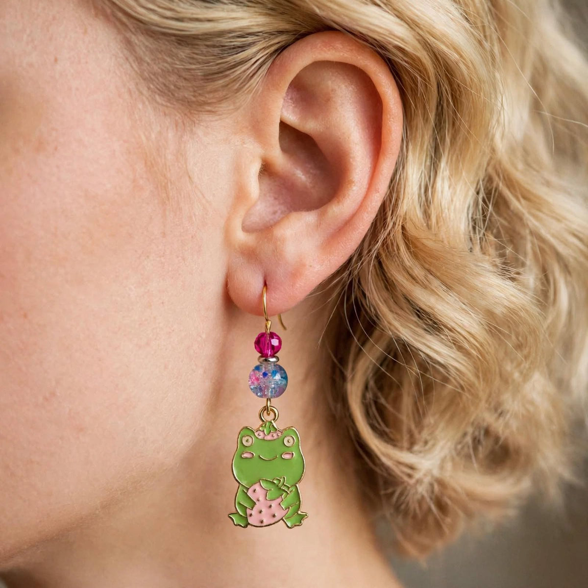 Joyful Frog Strawberry Enamel Earrings - Adorable Dangle Jewelry