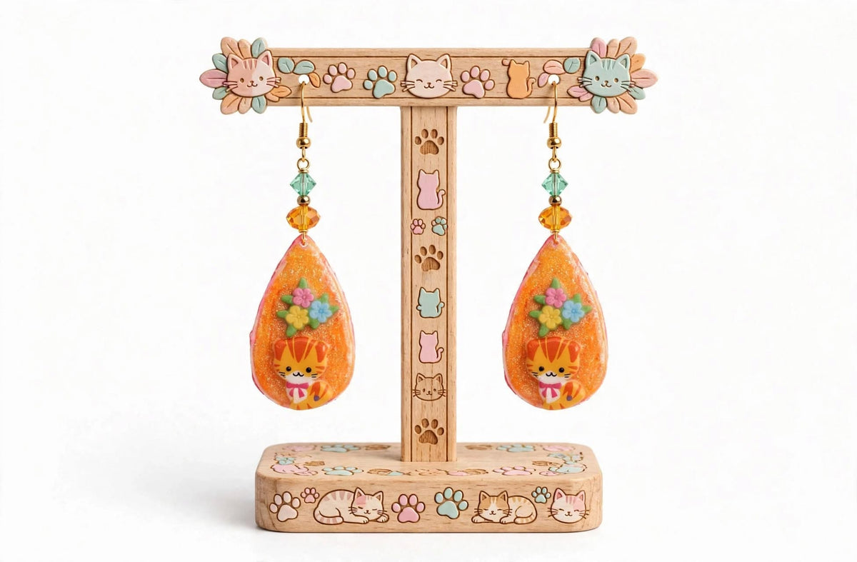 Handcrafted Dangle Teardrop Earrings – Tabby Cat & Floral Clay Resin Design