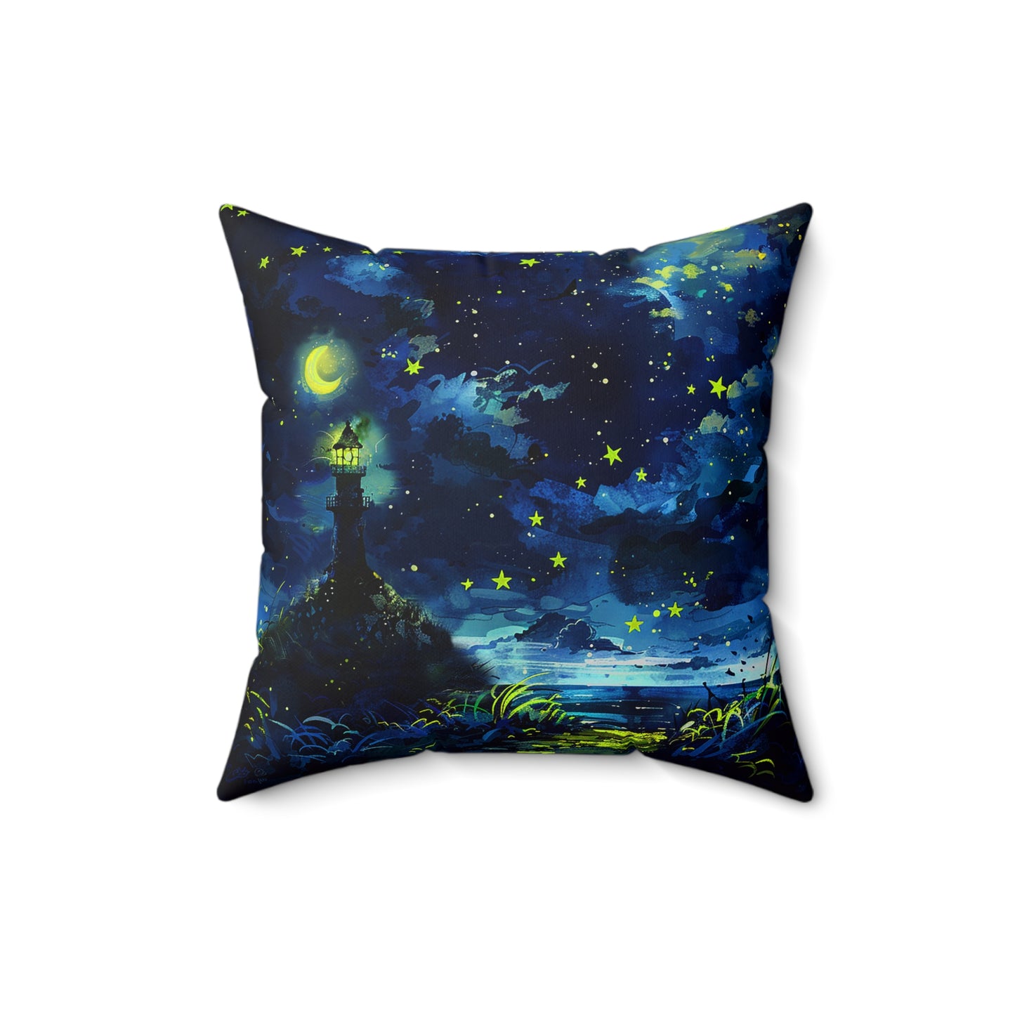 Moonlight Lighthouse Square Polyester Square Pillow