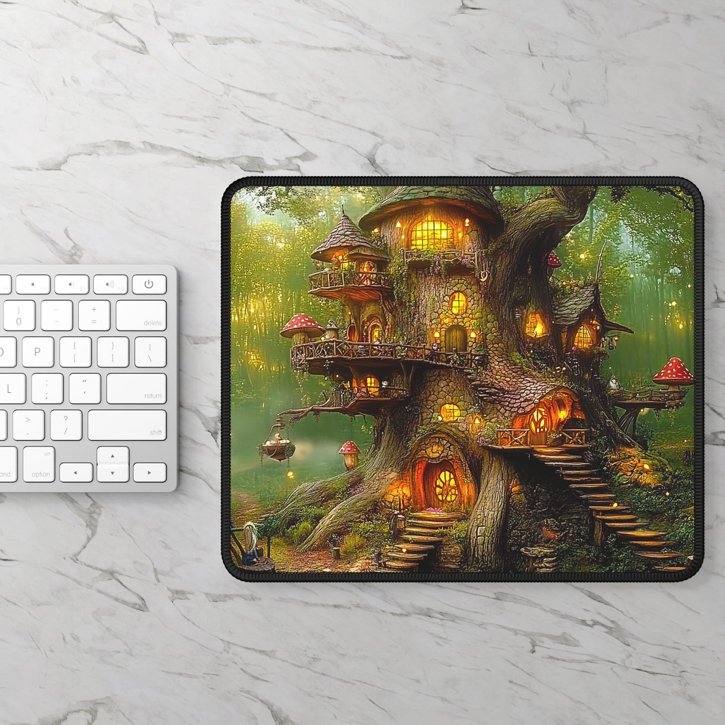 Fantasy Forest Gnome Village Treehouse Gaming Mouse Pad