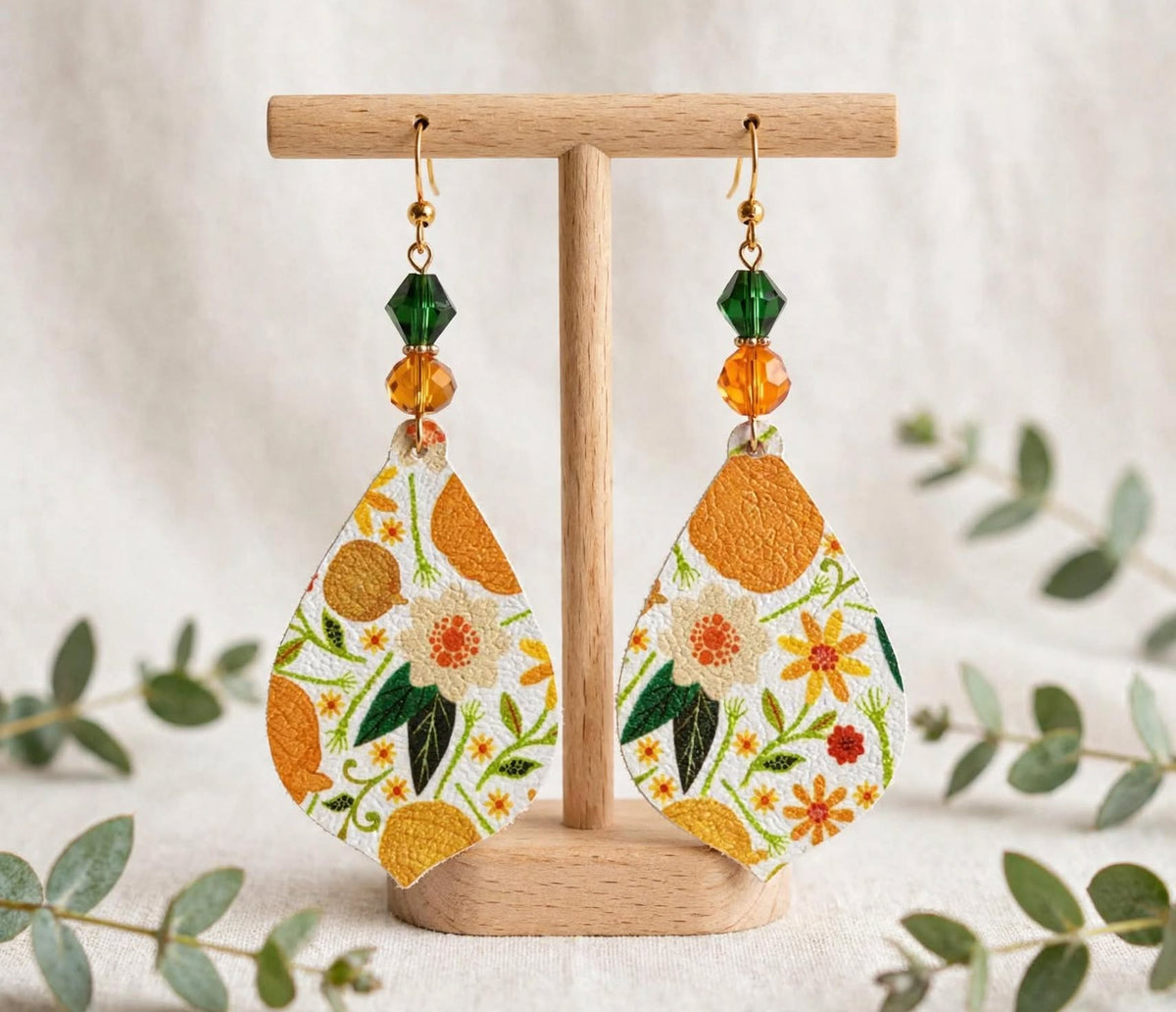 Floral Pattern Faux Leather Earrings - Delightful Teardrop Jewelry