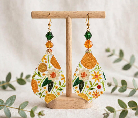 Floral Pattern Faux Leather Earrings - Delightful Teardrop Jewelry