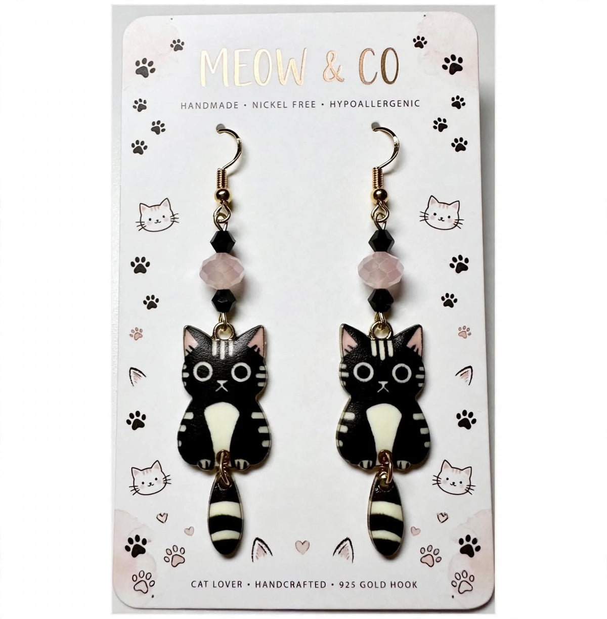 Swinging Cutie Kitty - Wide-eyed Black Cat Enamel Earrings - Dangle Jewelry
