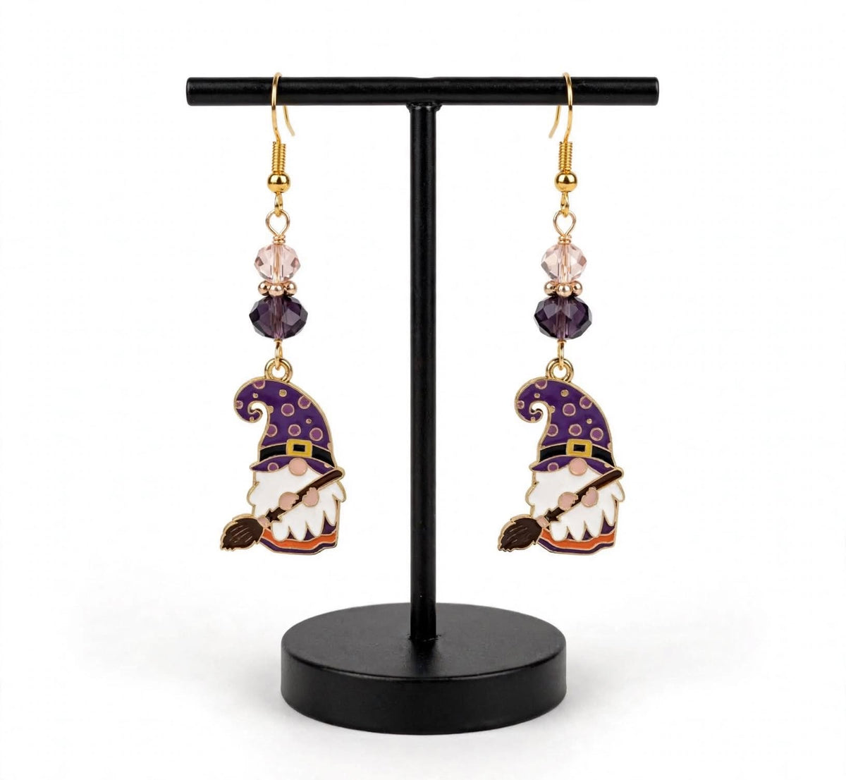 Halloween-Themed Gnome Broom Enamel Earrings - Whimsical Autumn Dangle Jewelry