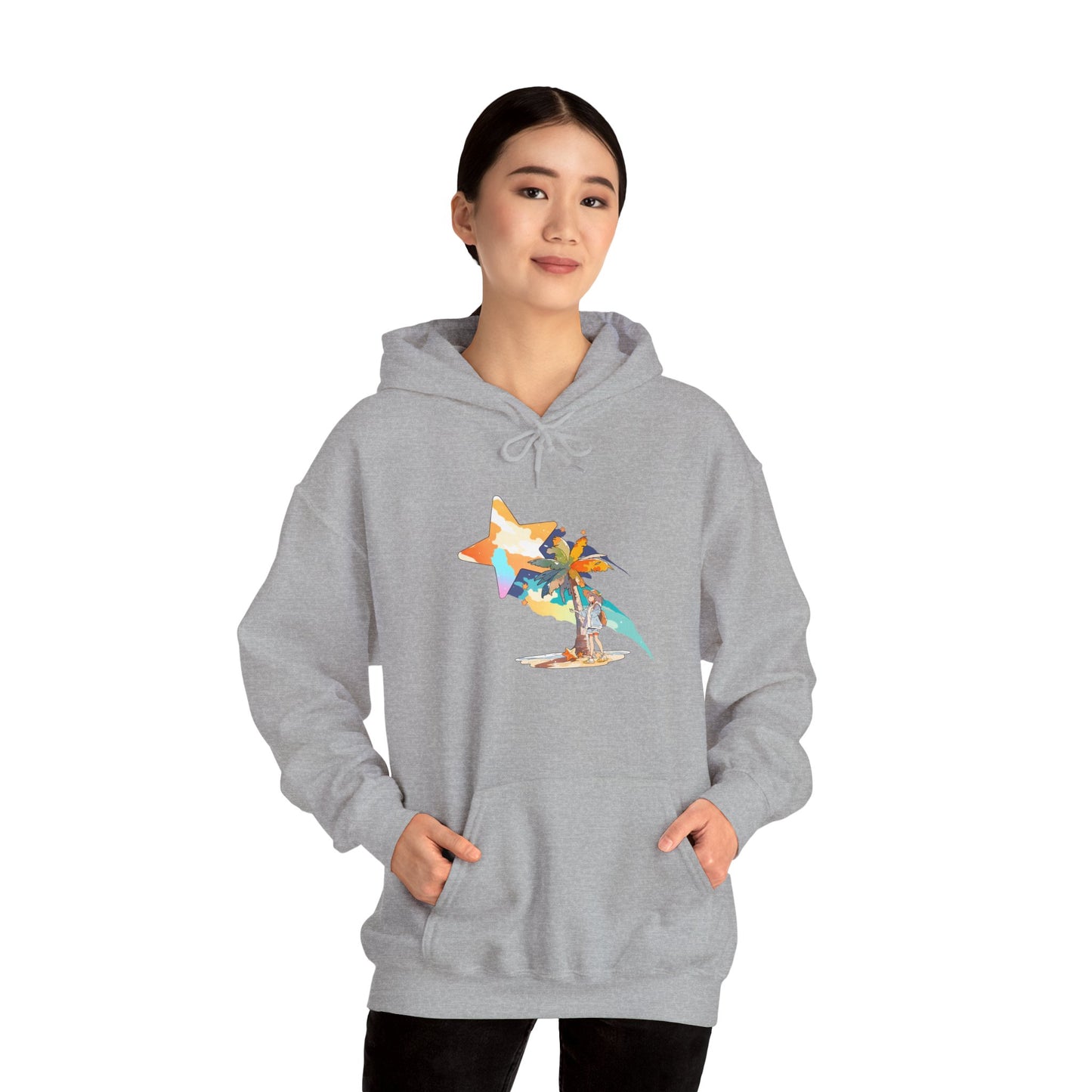 Anime Summer-Themed Unisex Heavy Blend™ Hooded Sweatshirt with Art of Girl & Coconut Tree under a Shooting Star - Warm Tropical Vibes