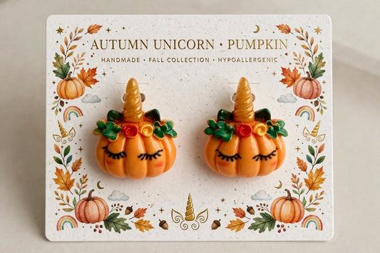 Floral Pumpkin Unicorn Clay Resin Earrings - Whimsical Stud Jewelry