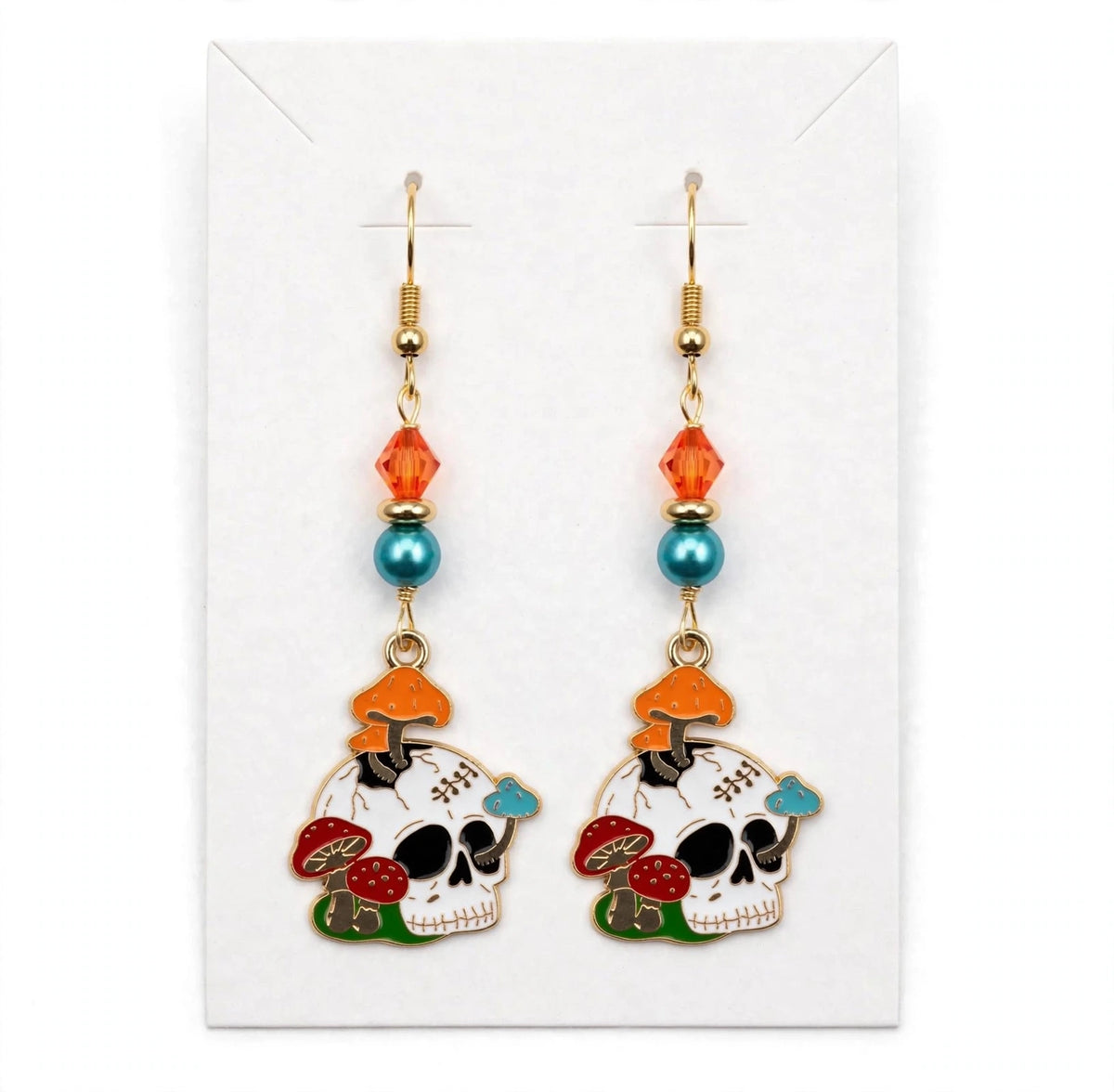 Mushroom Skull Enamel Earrings - Whimsical Dark Dangle Jewelry