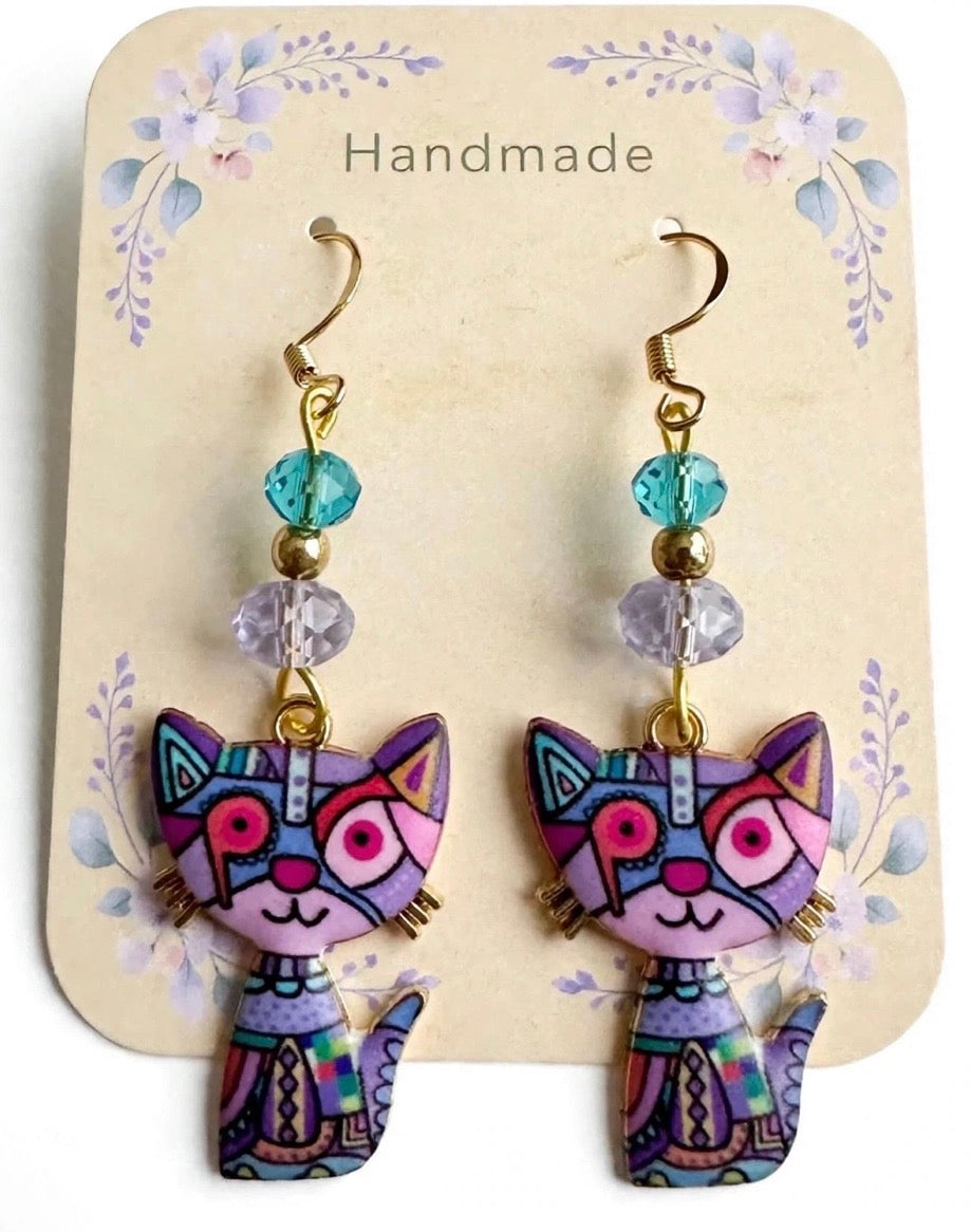 Purple Colorful Cat Enamel Charm Earrings - Abstract Dangle Jewelry
