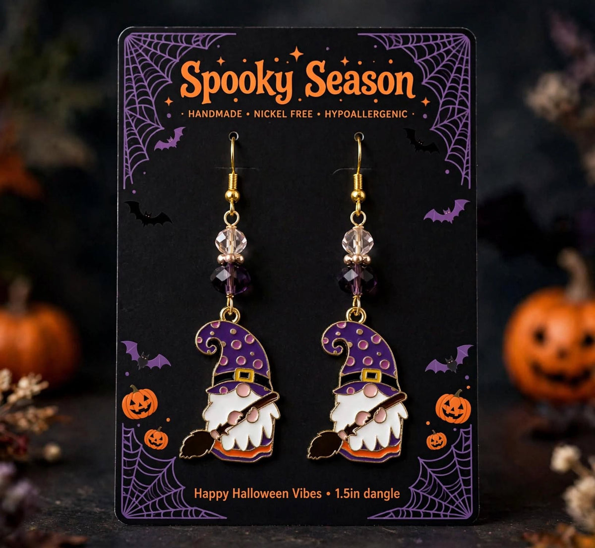 Halloween-Themed Gnome Broom Enamel Earrings - Whimsical Autumn Dangle Jewelry