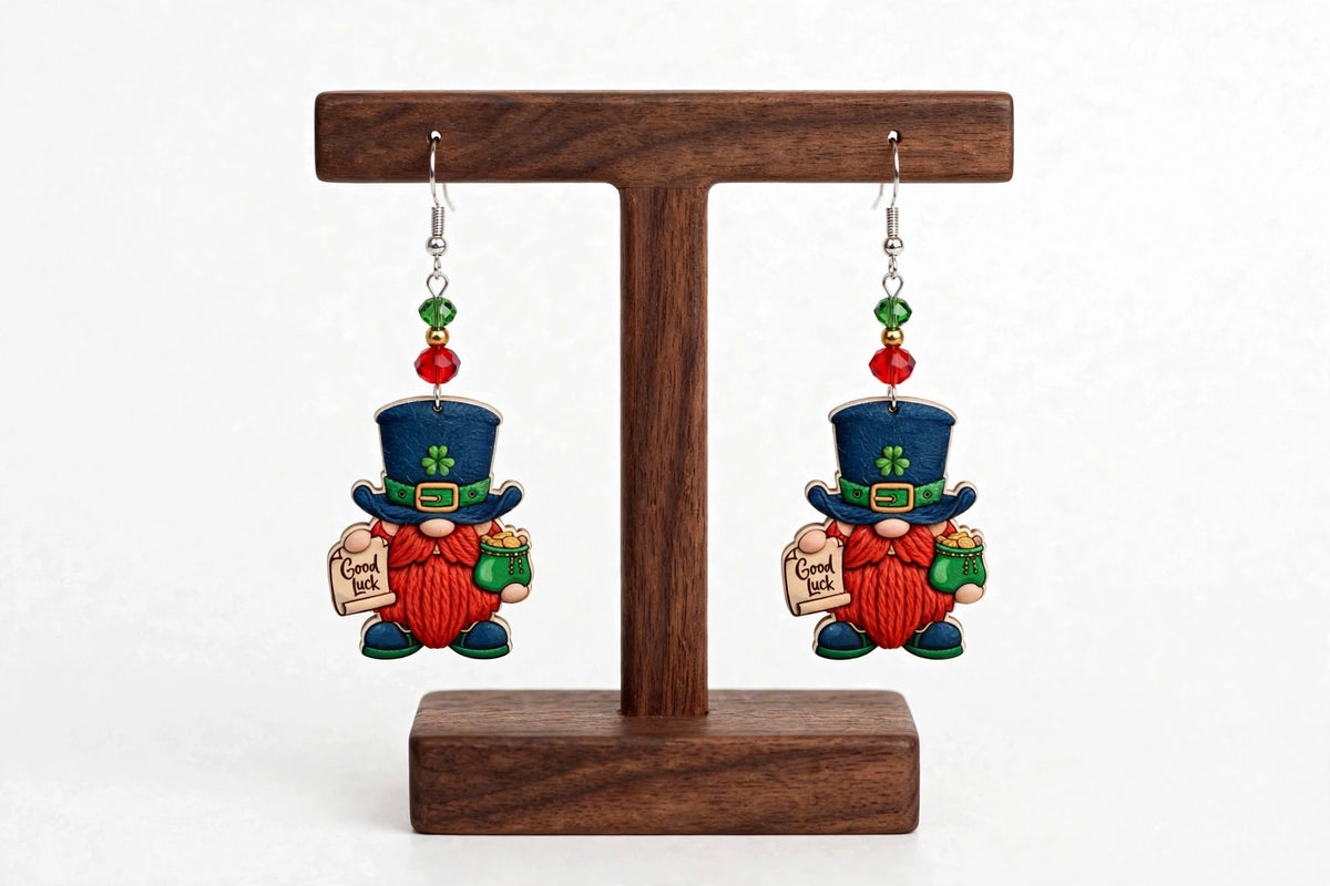 Leprechaun Saint Patrick's Day Pot of Gold Wood Earrings - Good Luck Dangle Jewelry