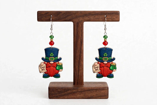Leprechaun Saint Patrick's Day Pot of Gold Wood Earrings - Good Luck Dangle Jewelry