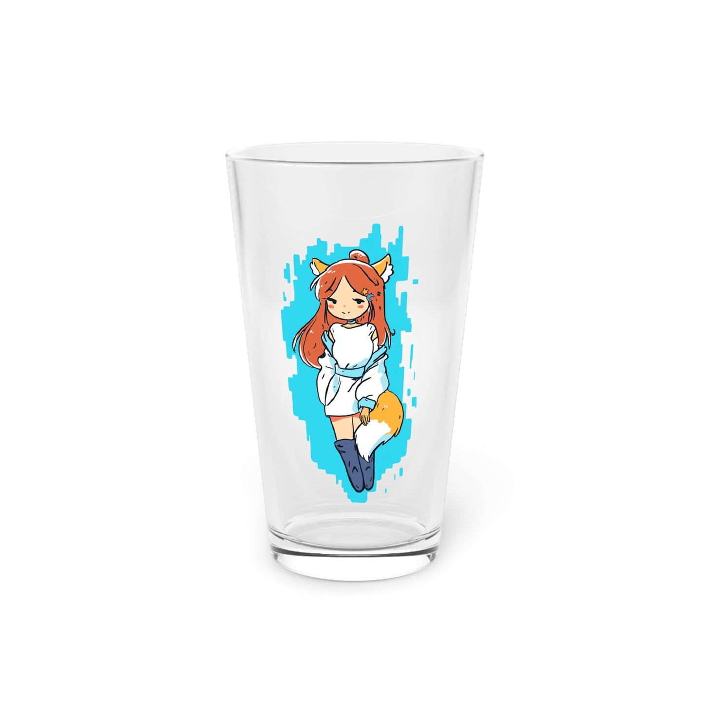 Charming Fox Girl - Cute & Sly Art on Light Blue Background - Anime Style - Pint Glass, 16oz