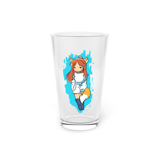 Charming Fox Girl - Cute & Sly Art on Light Blue Background - Anime Style - Pint Glass, 16oz