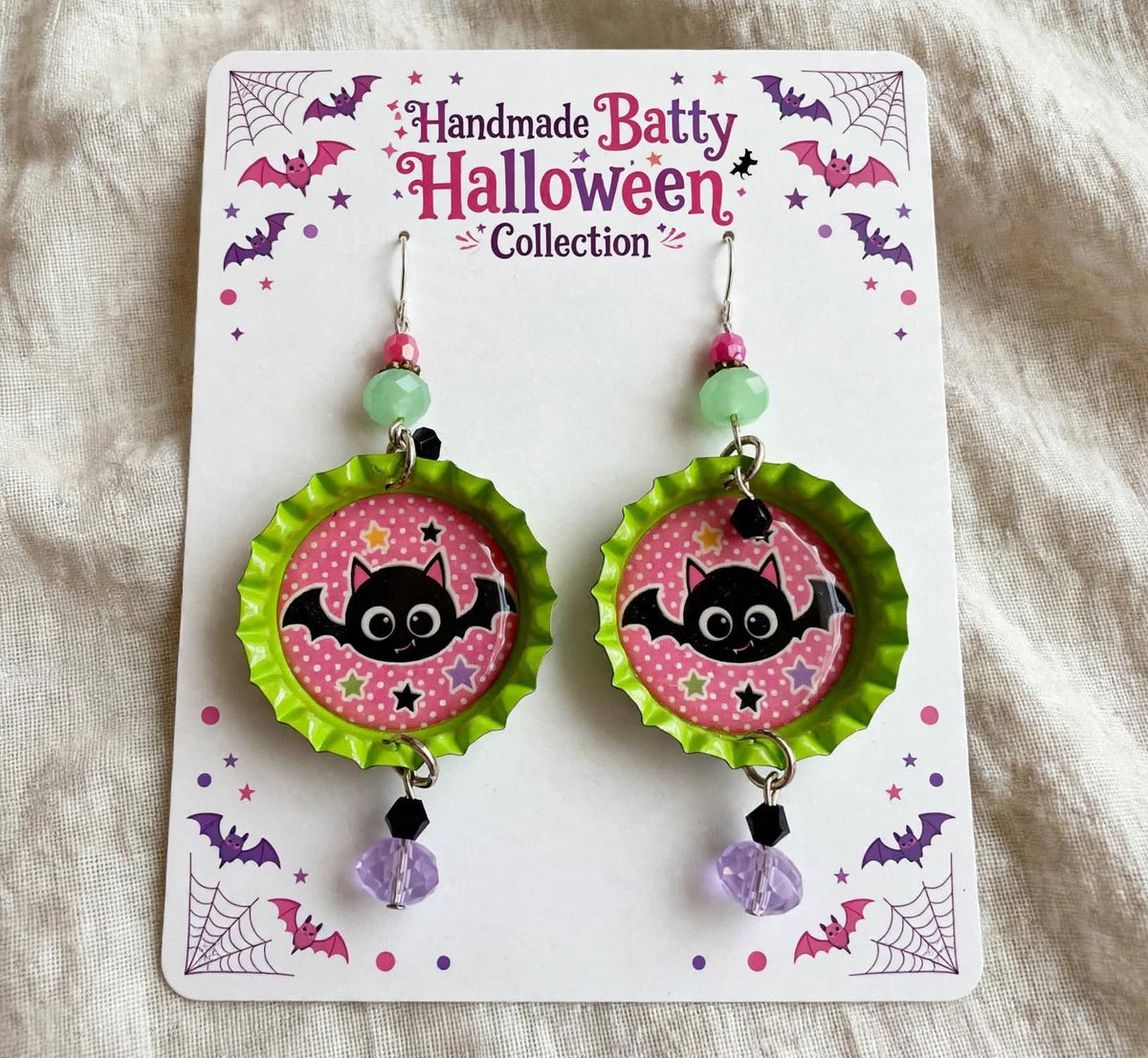 Halloween Cutie Bat Bottlecap Earrings - Whimsical Dangle Jewelry