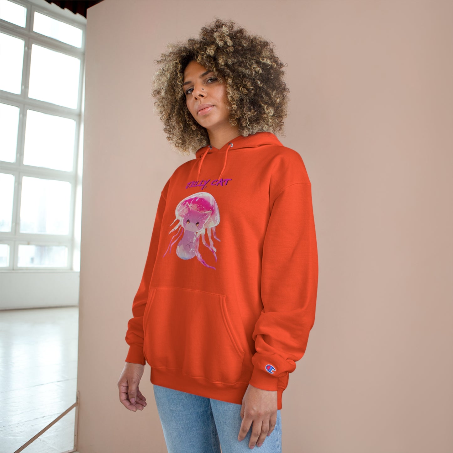 Cute Jellyfish Ghost Cat Hoodie - Pink Jellyfish Cat Design - Champion Pullover for Women & Men