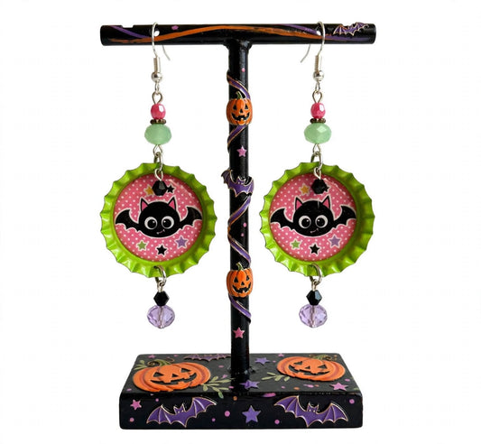 Halloween Cutie Bat Bottlecap Earrings - Whimsical Dangle Jewelry