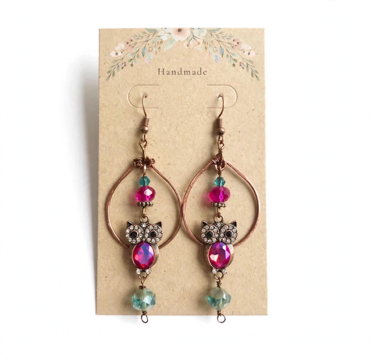 Rustic Copper Tone Owl Hoop Dangle Earrings Fuchsia Owl Dangle Hoop Earrings Fuchsia Rhinestone Charms