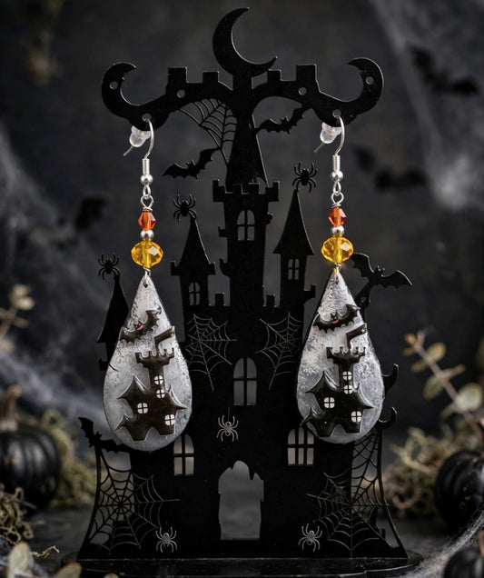 Spooky Dangle Teardrop Clay Resin Haunted Castle