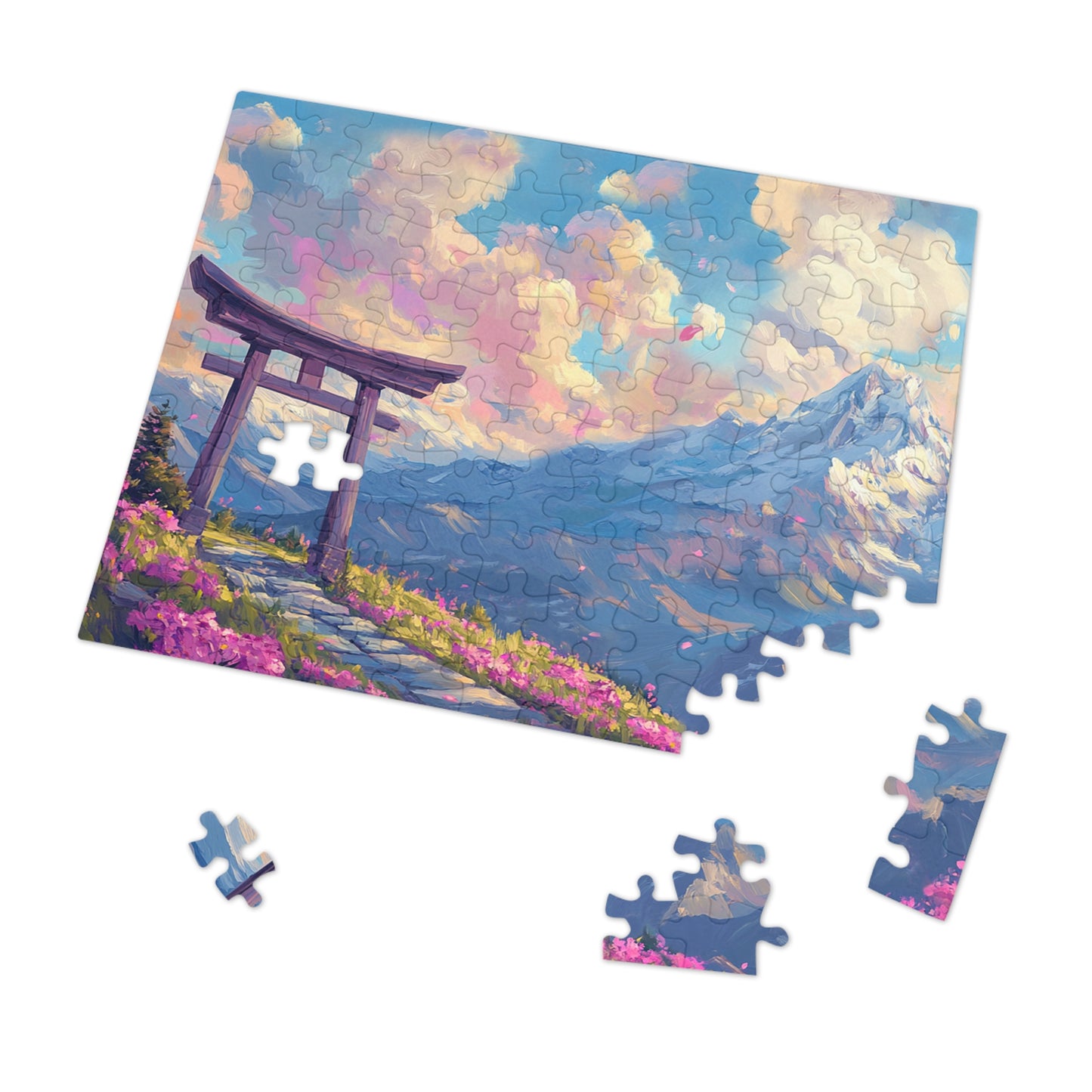 Serene Torii Gate Jigsaw Puzzle with Tin - Japanese Cherry Blossom Mountain Landscape