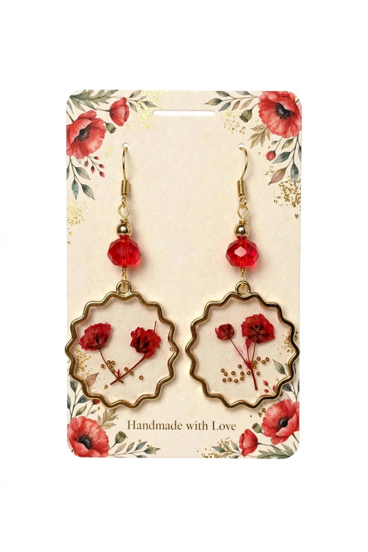 Red Flowers Resin Metal Earrings - Unique & Elegant Dangle Jewelry