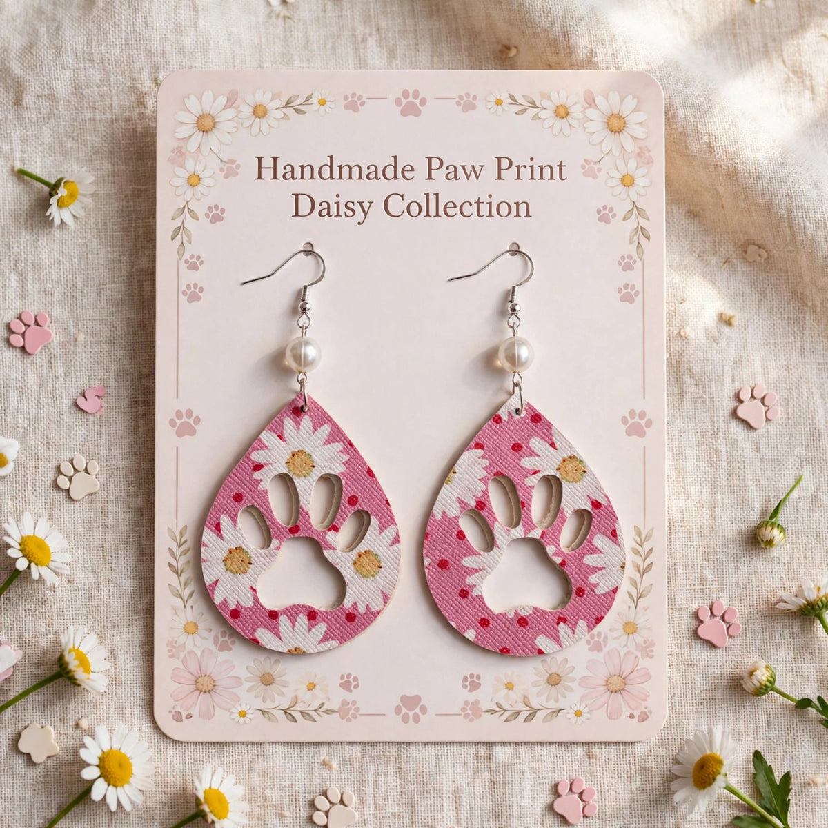 Pink Floral Paw Print Faux Leather Earrings - Vibrant Teardrop Jewelry