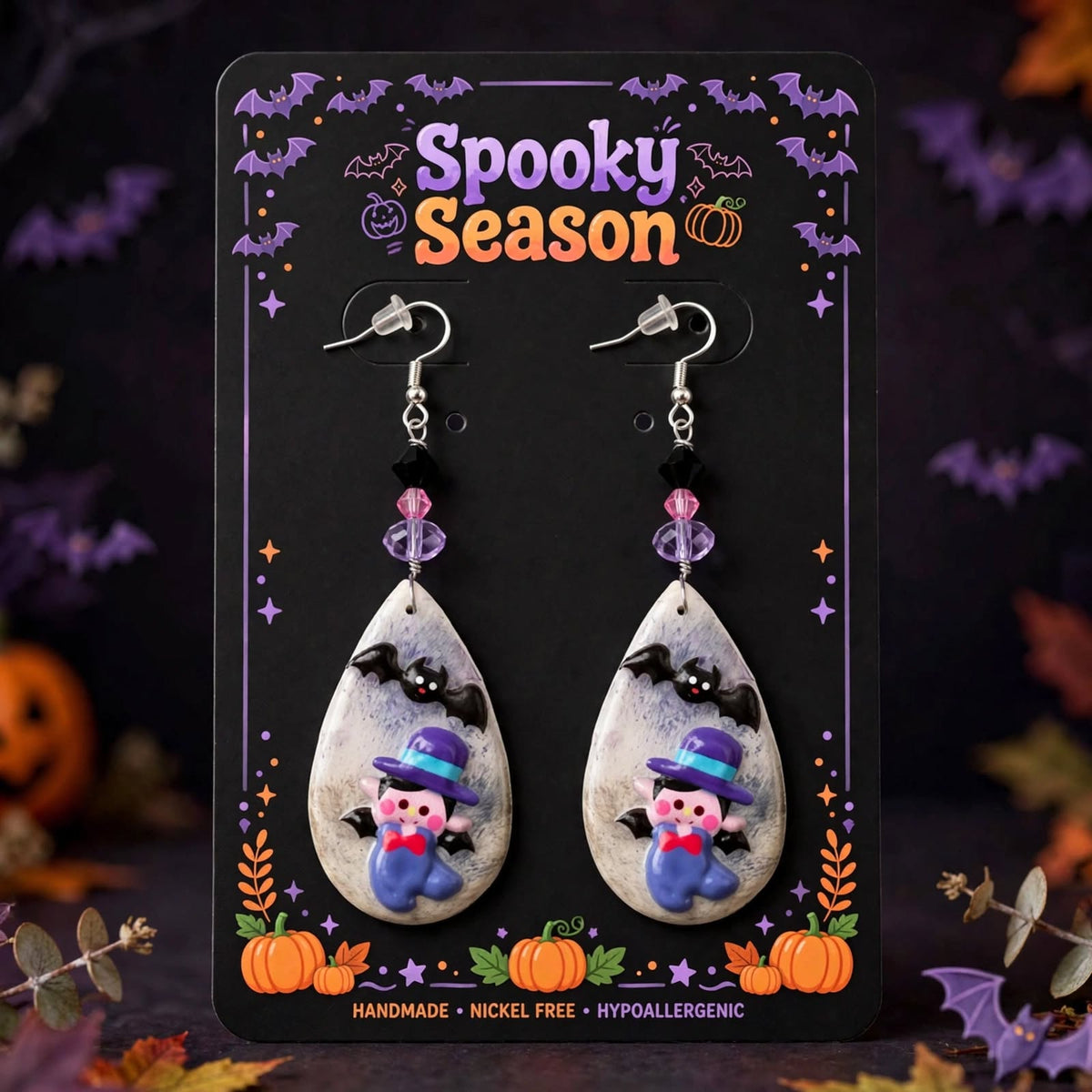 Handmade Halloween Cute Vampire Witch Bat Teardrop Earrings - Clay & Resin Design