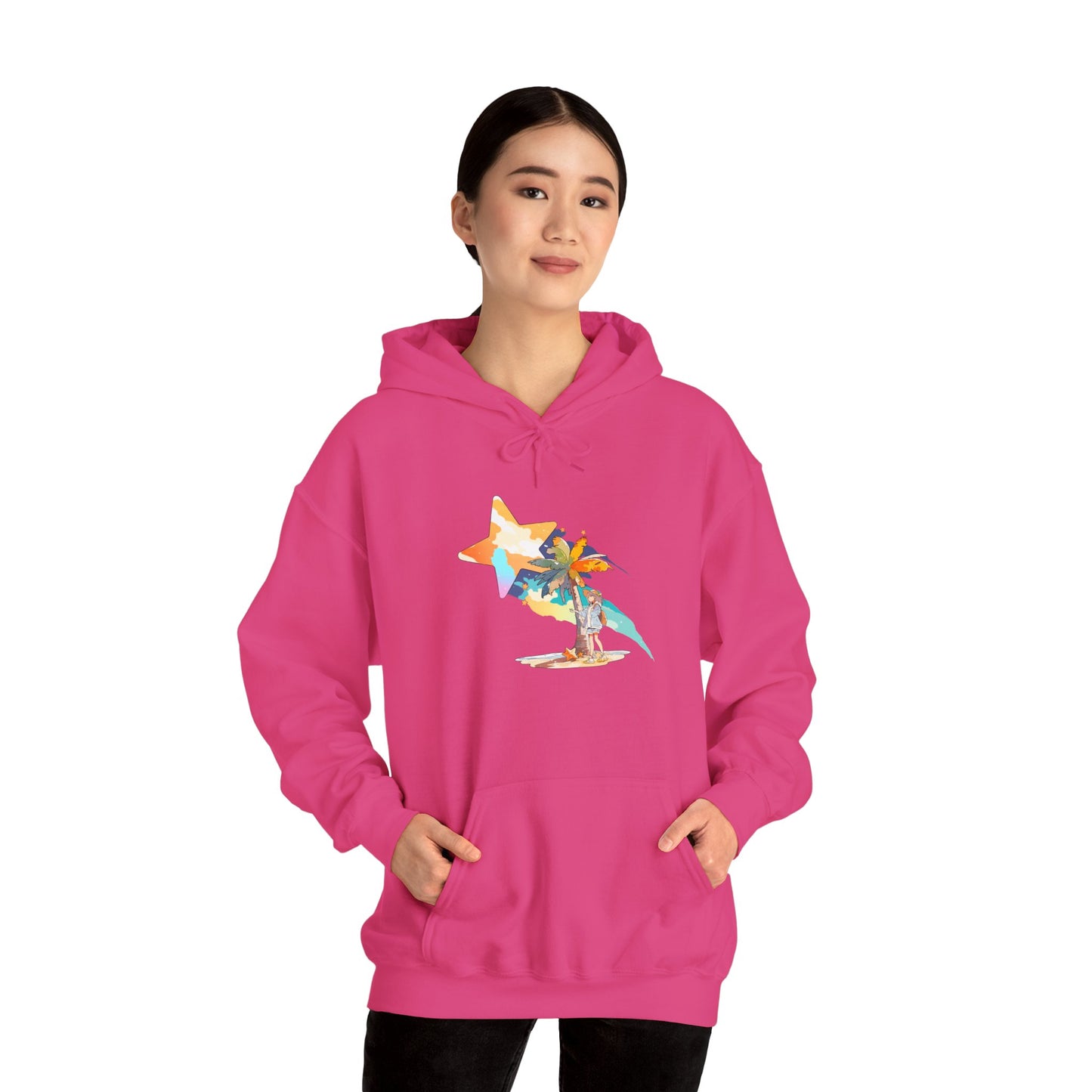 Anime Summer-Themed Unisex Heavy Blend™ Hooded Sweatshirt with Art of Girl & Coconut Tree under a Shooting Star - Warm Tropical Vibes