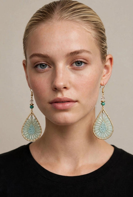 Flower Design Beaded Earrings - Stylish Teardrop Jewelry