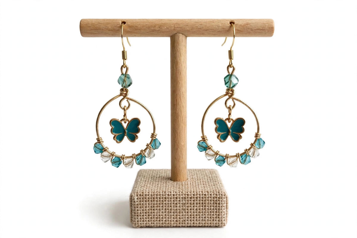Gold & Blue Butterfly Metal Earrings - Elegant Hoop Jewelry