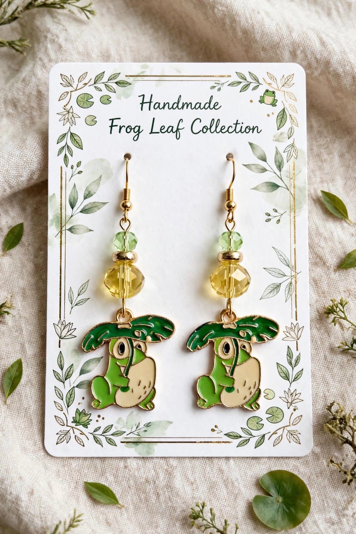 Lily Pad Frog Enamel Earrings - Cute Quirky Dangle Jewelry