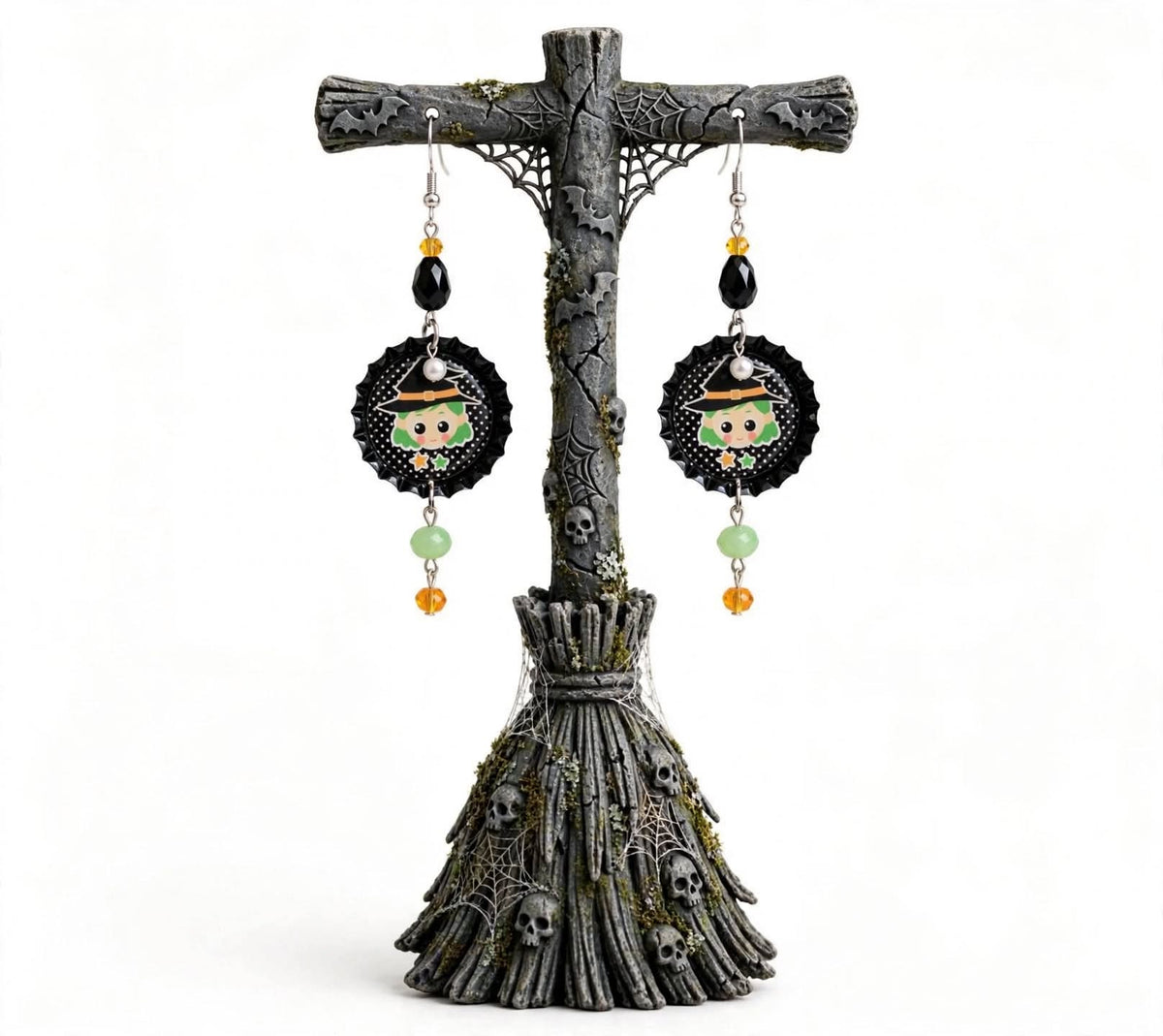 Halloween Green Witch Bottlecap Earrings - Sweet Dangle Jewelry