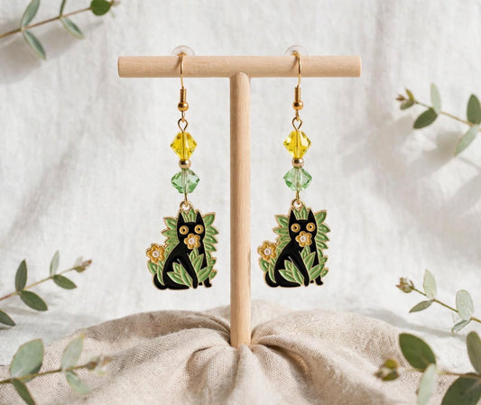 Flower Garden Black Cat Enamel Earrings - Whimsical Dangle Jewelry