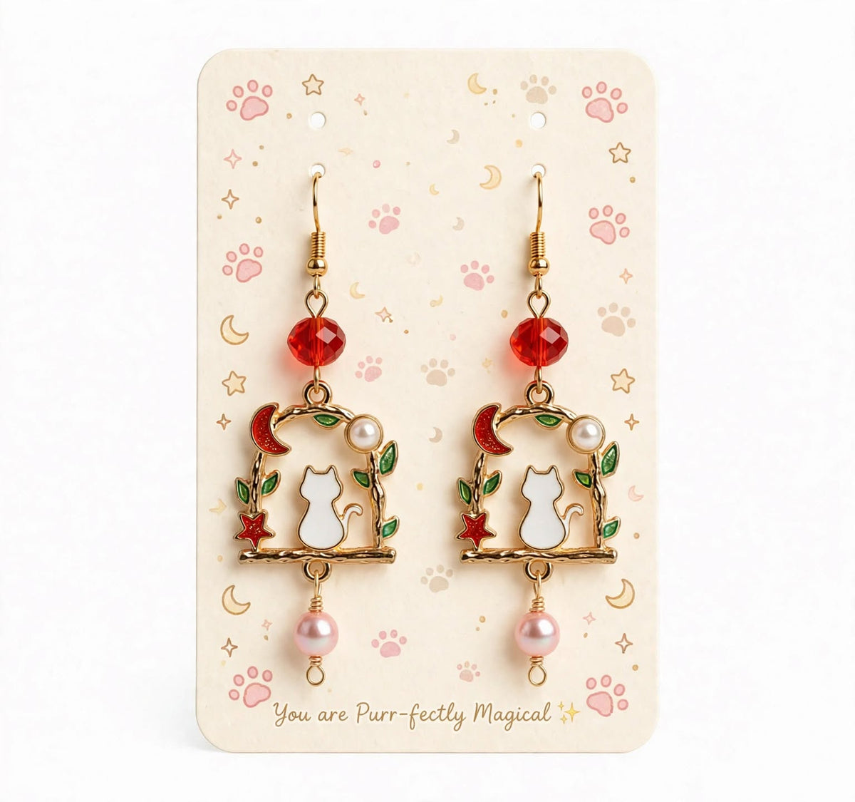 Enamel Cat & Moon Charms Dangle Earrings with Glass Beads
