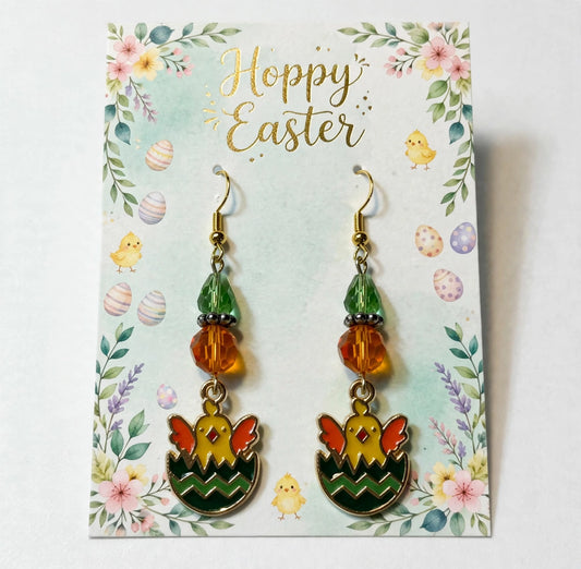 Joyful Hatching Easter Chick Enamel Charm Earrings - Springtime Dangle Jewelry