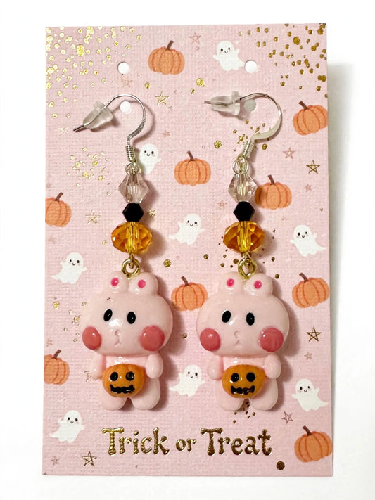Kawaii Ghost Bunny Pumpkin Clay & Resin Earrings - Spooky Cute Dangle Jewelry