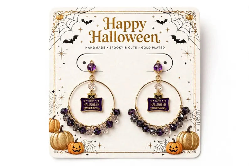 Happy Halloween Hoop Earrings , Purple and Black Crystal Statement Earrings, Gold Plated Spooky Witchy Earrings, Handmade Halloween Jewelry