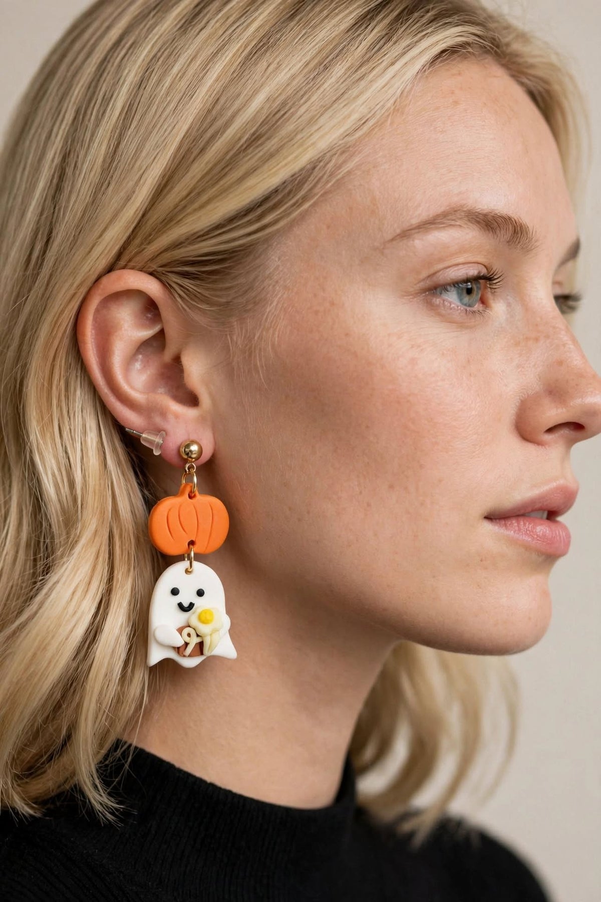 Floral Pumpkin Ghost Clay & Resin Earrings - Festive Cute Dangle Jewelry